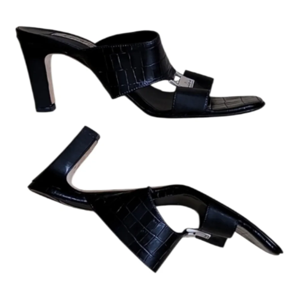 Brighton Ryan Black Croc Embossed Leather Sandals Square Toe Sz 6